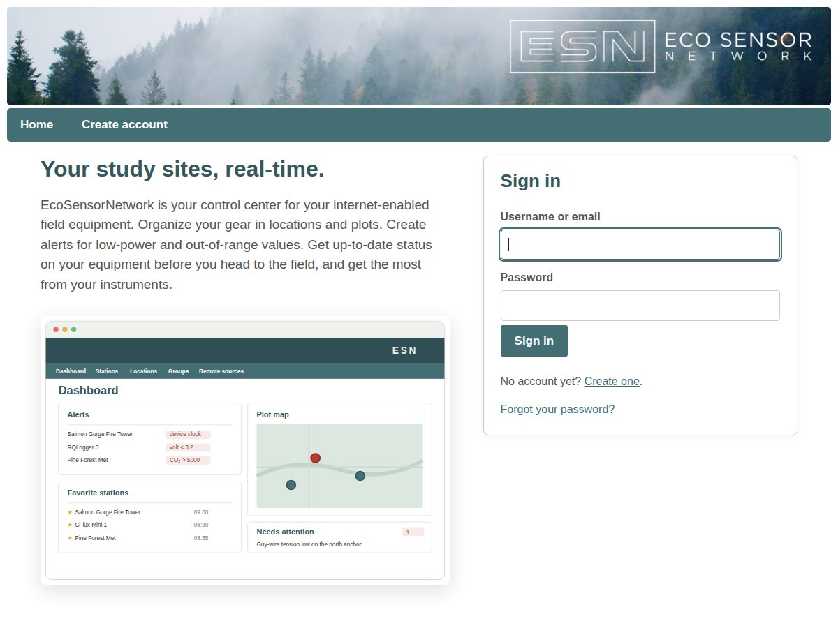The EcoSensorNetwork sign-in page with a dashboard preview